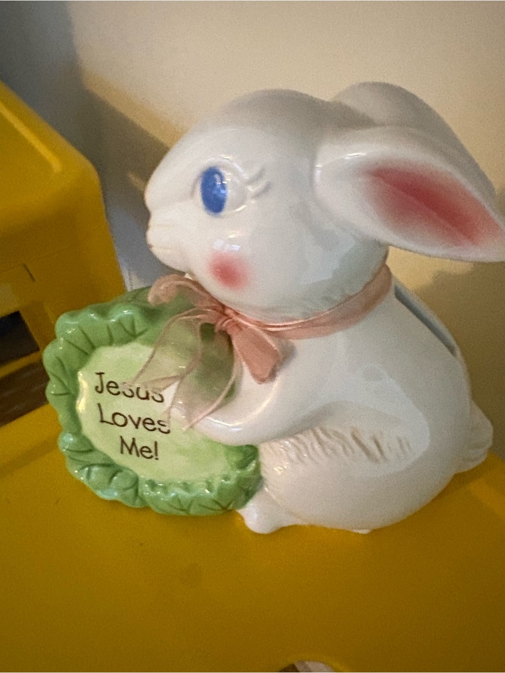 White Ceramic Jesus loves me bunny baby coin piggy bank new in box